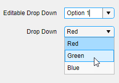 两个下拉组件。顶部的下拉框是可编辑和折叠的。底部下拉组件不可编辑。它会展开并显示“红色”、“绿色”和“蓝色”项。