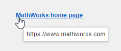 一个带有显示文本“MathWorks主页”的超链接和一个显示MathWorks网站URL的工具提示。