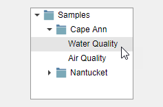 这棵树有一个名为“Samples”的节点，展开后显示了两个嵌套节点“Cape Ann”和“Nantucket”。这三个节点中的每一个都在其标签文本的左边显示了一个蓝色的文件图标。“Cape Ann”节点也被扩展成两个嵌套的节点，分别是“Water Quality”和“Air Quality”。