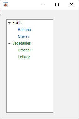 树的节点上列出了水果和蔬菜。香蕉和樱桃节点为蓝色，蔬菜、西兰花和生菜节点为绿色。