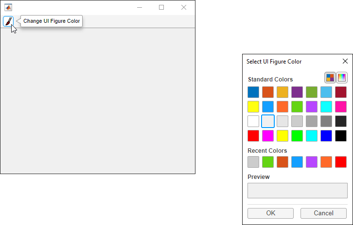 在工具栏推送工具中显示画笔图标的UI图。颜色选择器对话框显示在UI图的右侧。