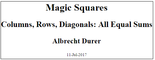 标题页“魔术方块”，副标题“列，行，对角线:所有相等的总和”，作者“Albrecht Durer”，和日期