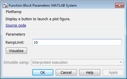 “MATLAB系统”对话框显示“模拟使用”下拉设置为“解释执行”，并且显示为灰色，因此用户无法更改该选项。