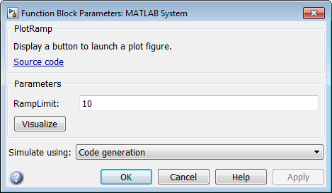 产生的MATLAB系统块对话框，自定义按钮标签为“可视化”。