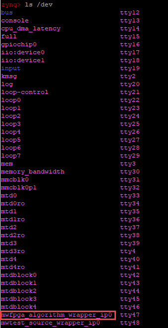 ls/dev命令执行结果。mwfpga_algorithm_wrapper_ip0突出显示。