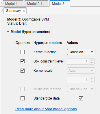 Summary tab with SVM hyperparameters selected for optimization