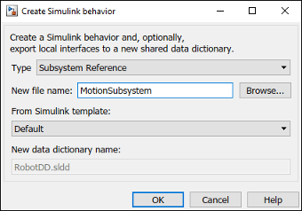 Create Simulink Behavior dialog with new subsystem name 'Motion Subsystem'.