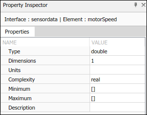 属性检查器中名为“motor speed”的接口元素的属性。属性包括Type为双精度，Dimensions为1,Units为空，Complexity为实，Minimum为空，Maximum为空，Description为空。