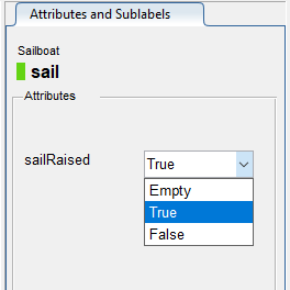 “属性和子标签”窗格显示选中“True”的sailRaised属性