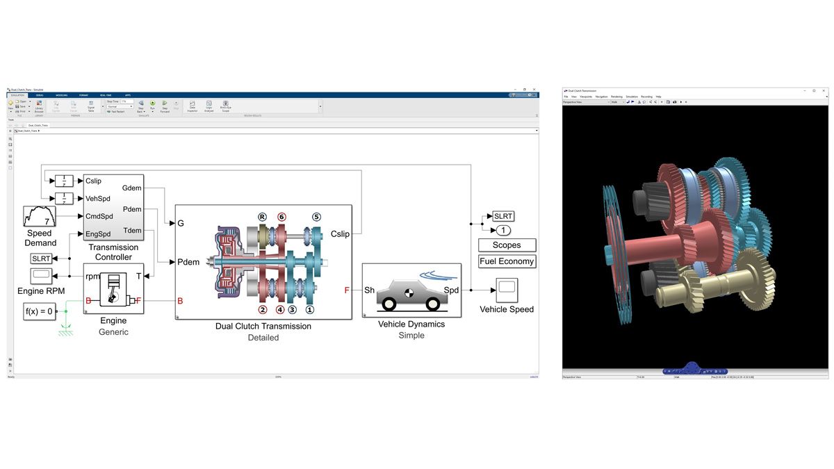 在Simscape Driveline中建模的双离合器传动的三维动力学动画