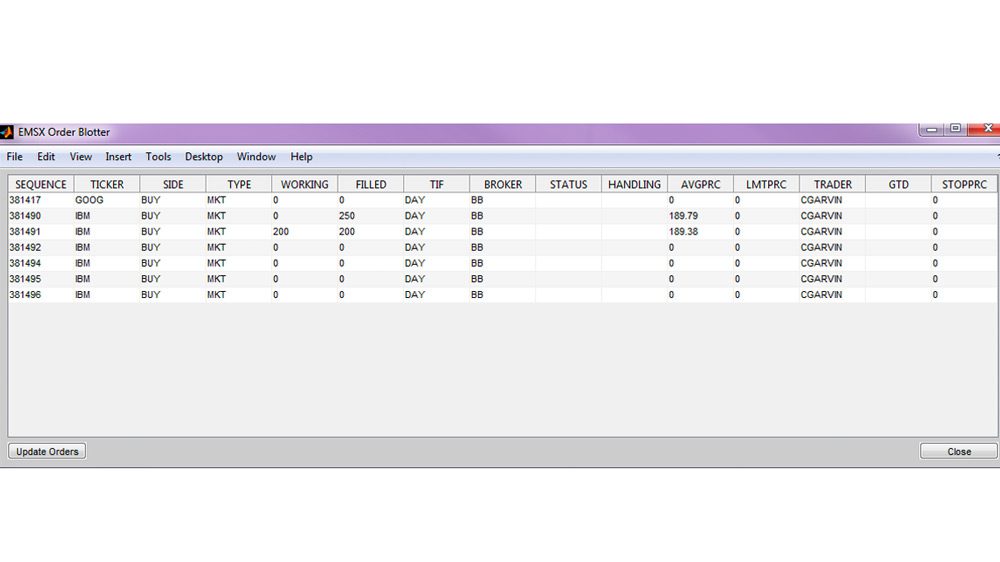 彭博EMSX订单记录，显示两个股票交易订单的状态。
