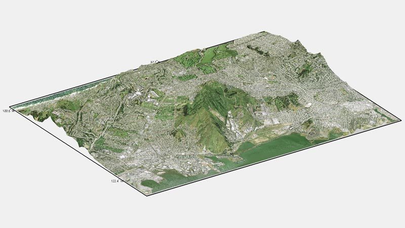 使用映射工具箱中的函数创建的旧金山的复合3D地图。