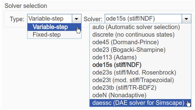 Simscape解算器选项，包括设计用于模拟DAE的解算器。