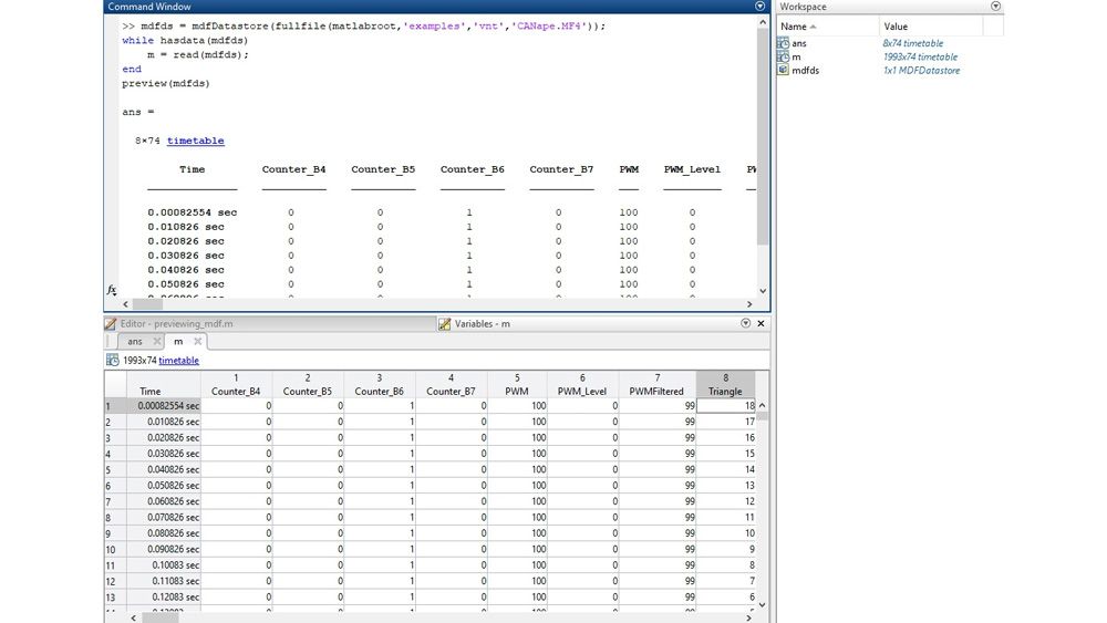 在命令行界面中预览MDF文件，然后在Variables编辑器中检查数据的示例代码。