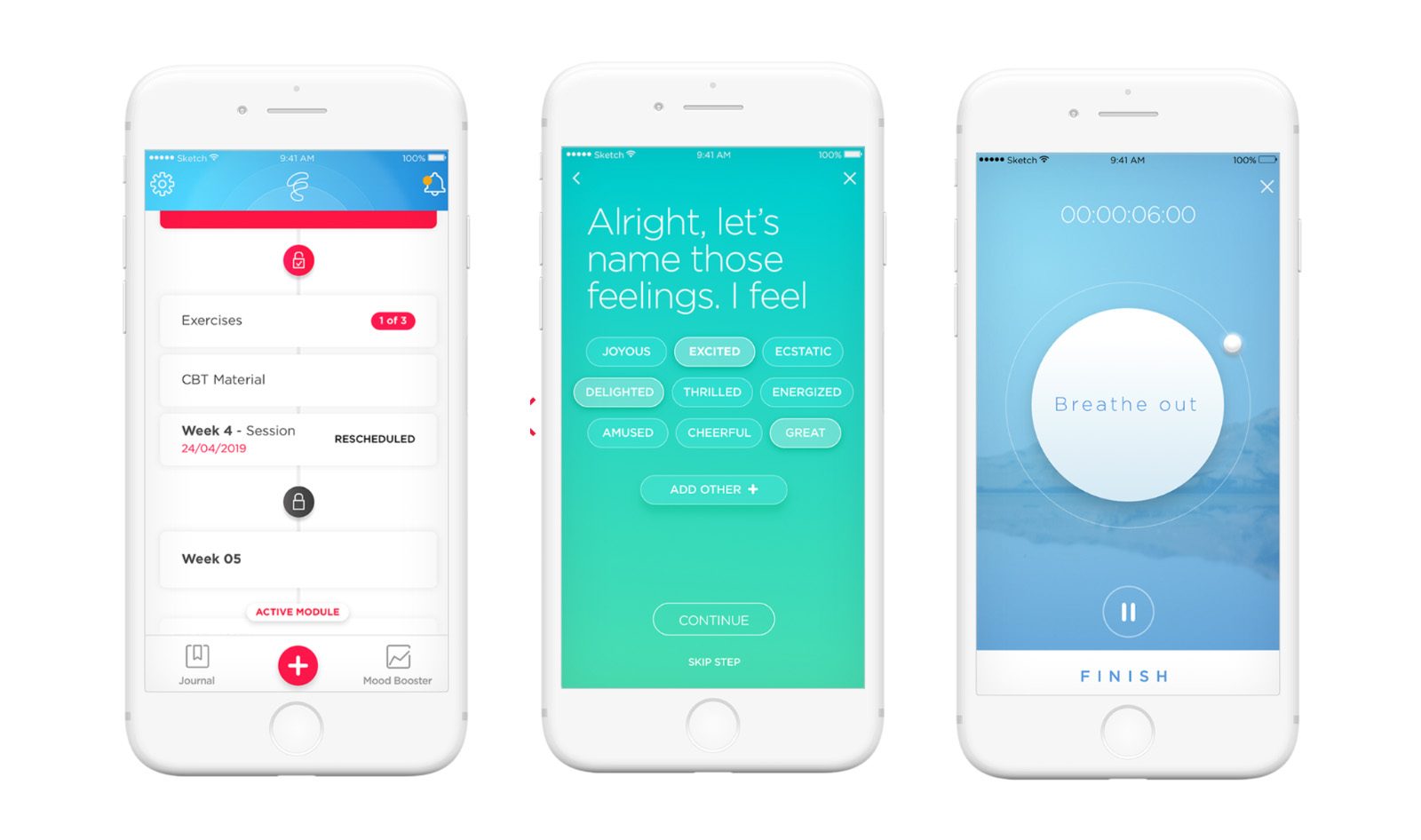 三个智能手机屏幕显示了Feel手机应用程序。左图:Feel应用程序包括日记和治疗师建议。中心:该应用程序提示用户识别他们当前的情绪。右图:应用程序推荐呼吸练习。