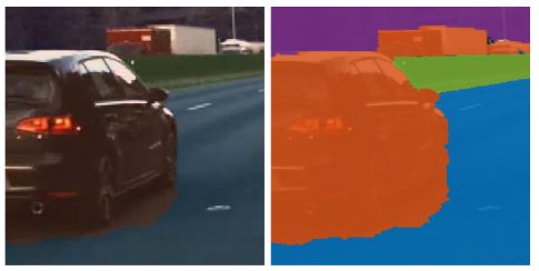Using semantic segmentation to associate each pixel of the image with a class label (such as car, road, sky, pedestrian, or bike).