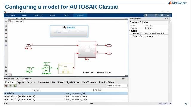 您可以了解为Autosar功能建模的Si金宝appmulink Evenc金宝appe支持，建模AutoSAR Classic和Adaptive Software应用程序，创作AutoSAR软件架构，模拟AutoSAR组合和ECU和C / C ++生产代码生成。