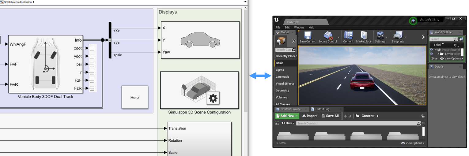 一个金宝appSimulink模型和一个虚幻编辑器窗口，它们之间有一个双向箭头。