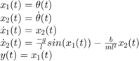 数组$ $ \开始{}{1}& # xA; {x_1} (t) = \θ(t) \ \ & # xA; {x_2} (t) = \点\θ(t) \ \ & # xA; {{x} \点_1}(t) = {x_2} (t) \ \ & # xA; {{x} \点_2}(t) = \压裂罪{{- g}} {1} ({x_1} (t)) - \压裂{b} {{m {l ^ 2}}} {x_2} (t) \ \ & # xA; y (t) = {x_1} (t) & # xA; \{数组}$ $gydF4y2Ba