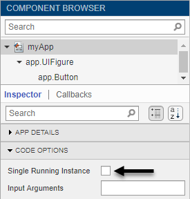 应用节点的组件浏览器检查器。代码选项部分将展开，并显示单一运行实例复选框。