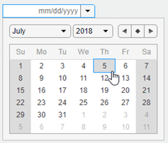 一个展开的日期选择器，显示月份和年份的下拉菜单，以及您所选择的日历。它还有一些图标，可以将日历视图切换到前一个月、当前日期或下一个月。