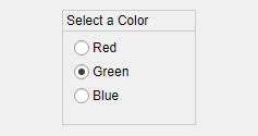 带有三个垂直堆叠的单选按钮的按钮组，标签为“选择颜色”。从上到下，单选按钮被标记为“红”、“绿”和“蓝”。