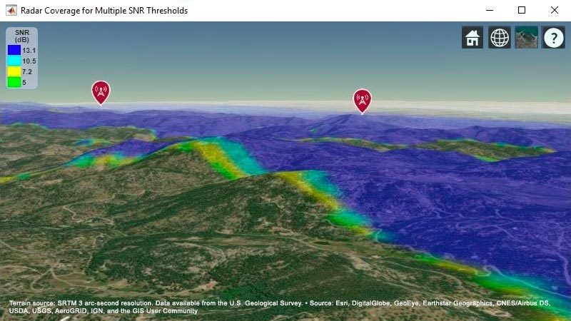 2つのレーダーシステムを组みわせターゲットカバレッジ领域を示す地形ベースの地図。