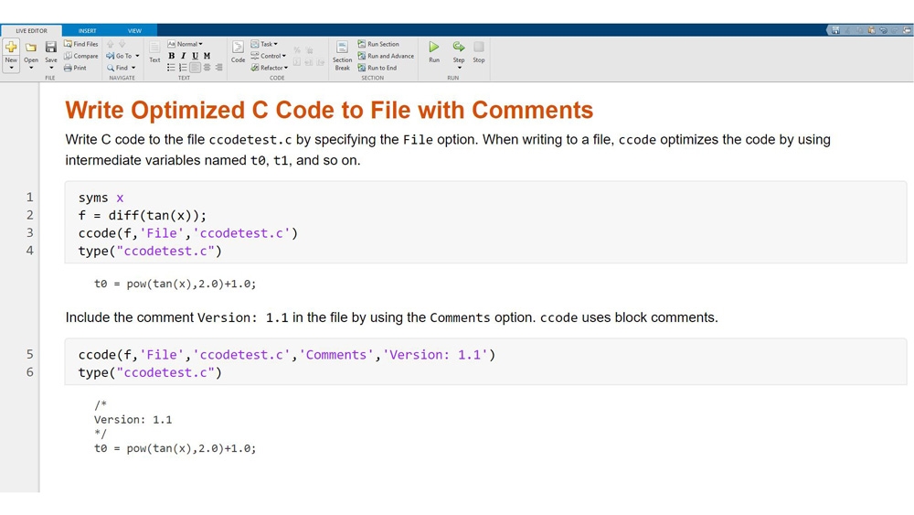 シンボリック式を最適化されたコメント付きの C コードに変換する方法の例