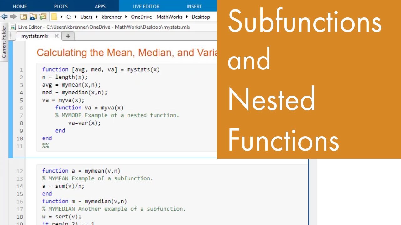 Learn how to use subfunctions and nested functions in MATLAB.