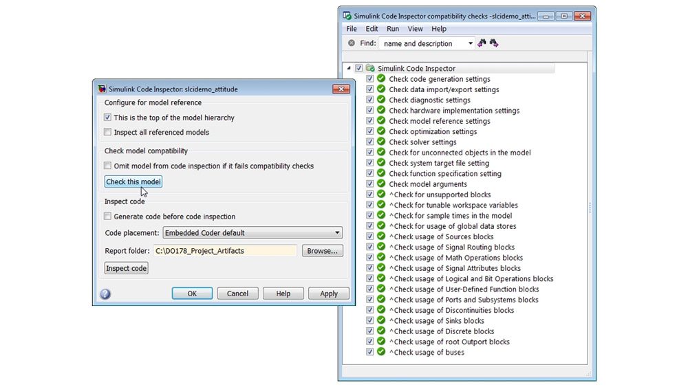 金宝appSimulink代码检查员의사용자인터페이스（왼쪽）와모델호환성호환성사결과（오른쪽）。