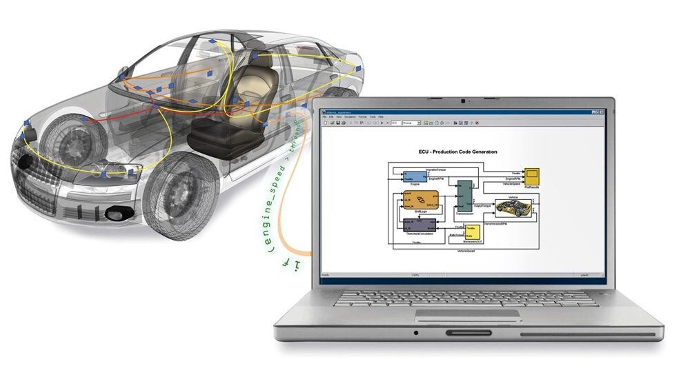MATLAB및仿真金宝app软件에서차량버스데이터에액세스하는데사용중인랩탑에연결된자동차。