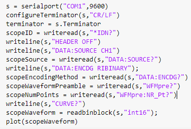 MATLAB代码显示如何在使用SCPI命令通过串行连接从Tektronix示波器捕获数据