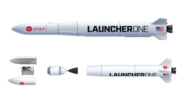 维珍轨道的LauncherOne运载火箭已组装完毕(上)，爆炸图显示整流罩、有效载荷和第一和第二阶段(下)。