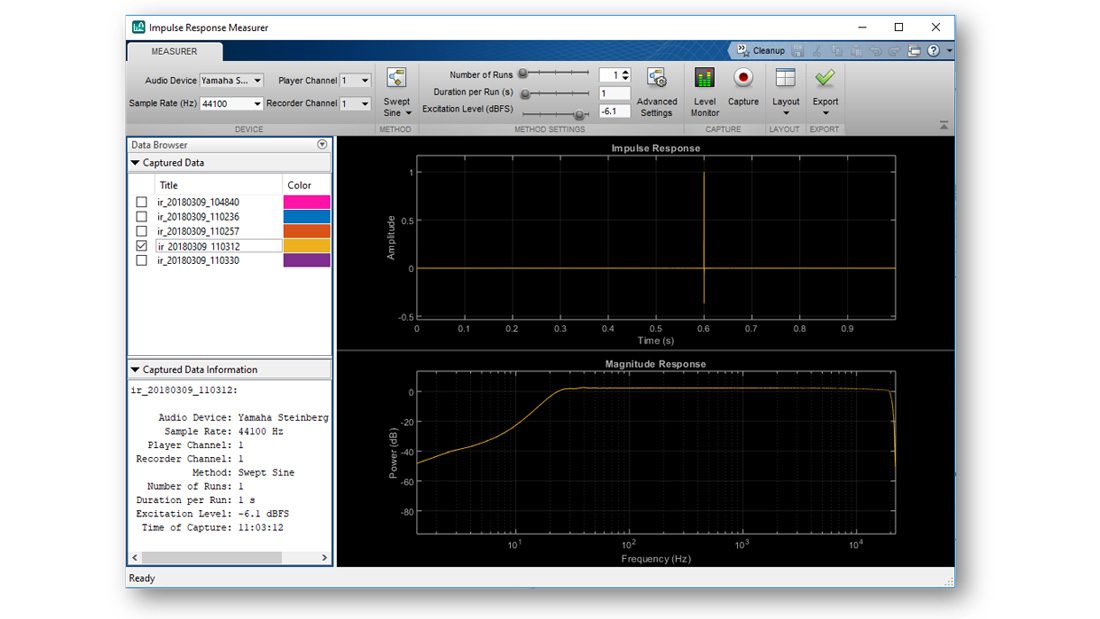 捕获脉冲响应测量器应用程序，显示在时域和频域的估计响应，一个菜单与其他估计脉冲响应的列表，可用于绘图，以及应用程序中的其他交互控制。