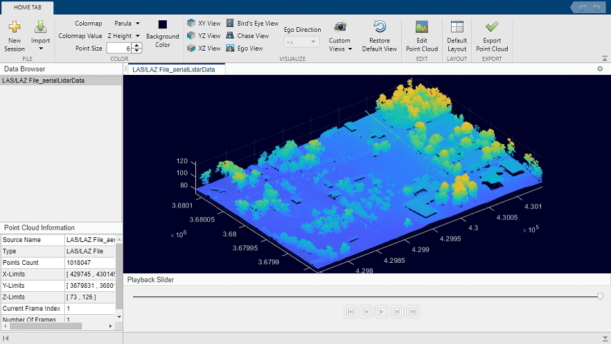 在激光雷达查看器应用程序的激光雷达数据的缩小视图。
