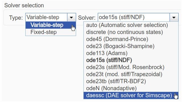 Simscape solver options, including a solver designed to simulate DAEs.