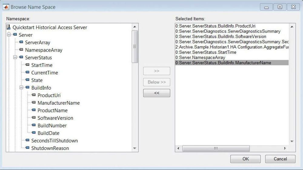 OPC UA名称空间浏览器显示服务器上所有可用节点的一组OPC UA节点的选择。