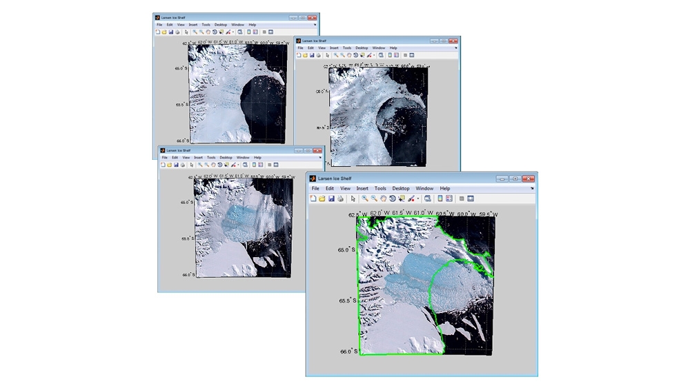 南极洲拉森冰架在3个月内崩塌。利用图像处理工具箱对原始海岸线进行分割。图片由NASA/戈达德太空飞行中心科学可视化工作室提供。