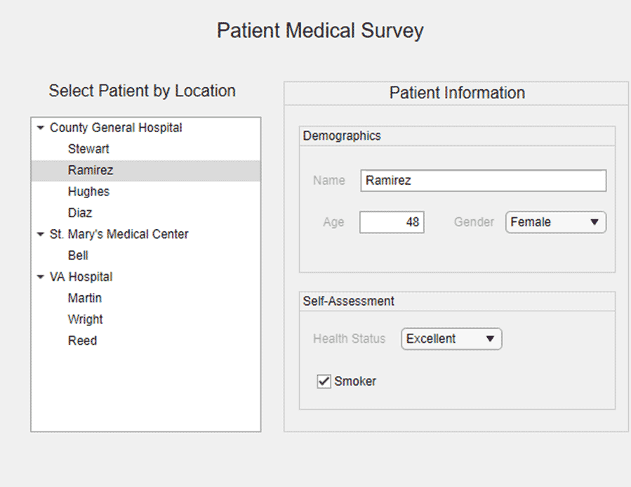实施例的应用程序中应用设计使用分级树，显示患者信息。