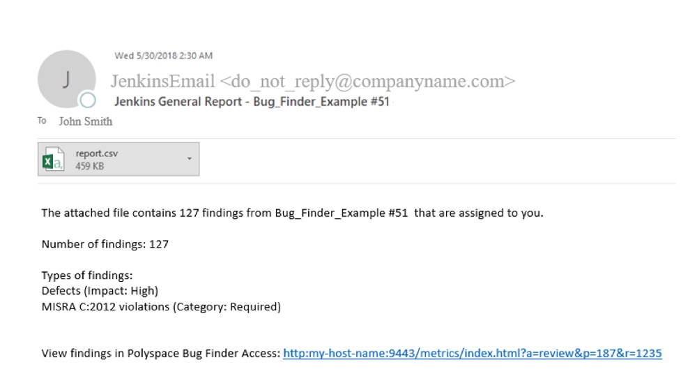 发送电子邮件通知与Polyspace Bug的搜索结果。