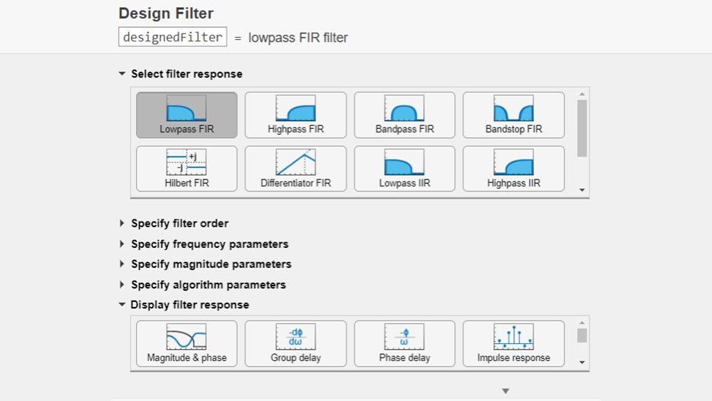 Live editor task used to design a range of filters including lowpass, highpass, and bandpass filters.