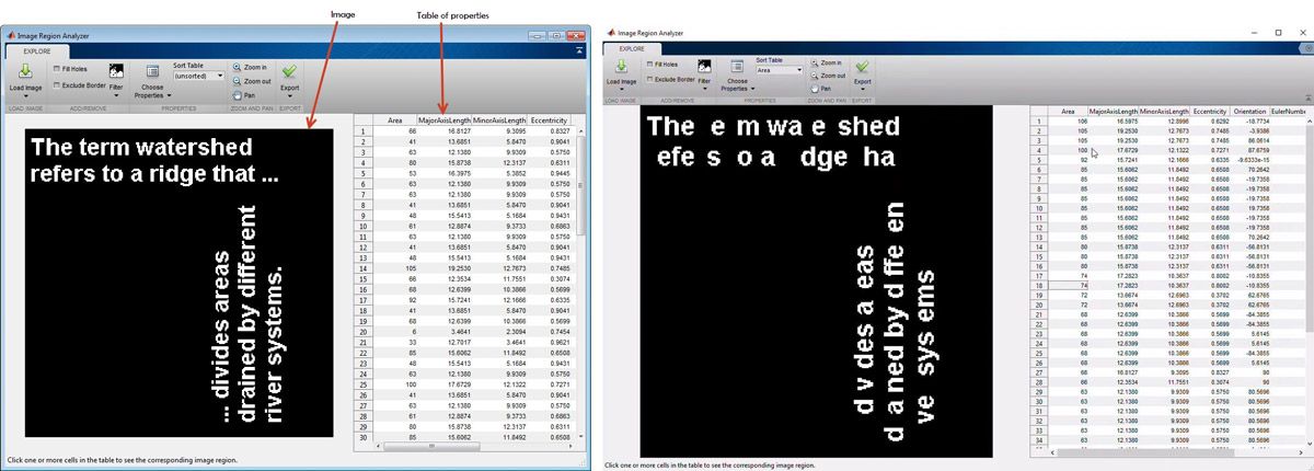 使用图像区域分析器应用程序提取统计数据（左）并基于区域属性过滤图像（右）。