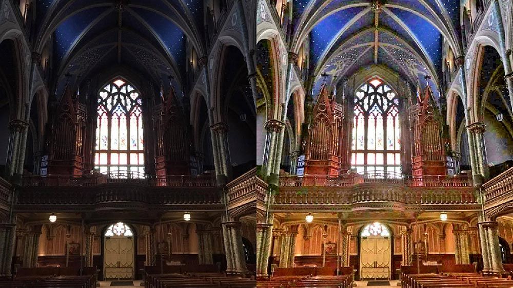 加强内部的低亮度图像教会通过反相图像和烟雾去除技术的应用。