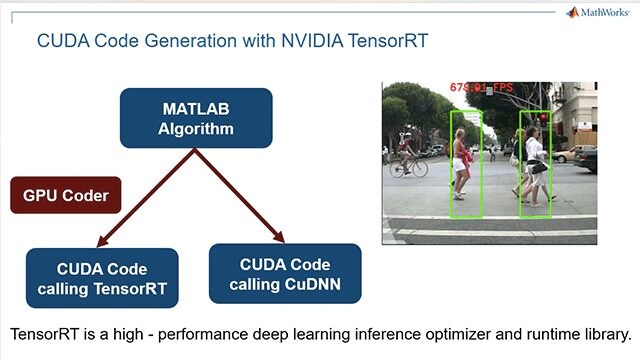 以行人检测应用为例，从MATLAB中训练的深度神经网络生成CUDA代码，并利用NVIDIA TensorRT库在NVIDIA gpu上进行推理。