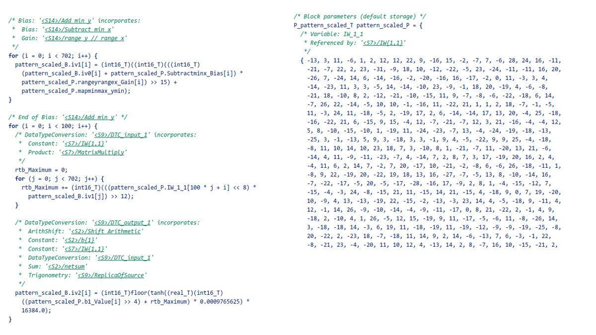 图9。左:从定点模型生成的代码。右:MNIST网络第一层的比例权值。