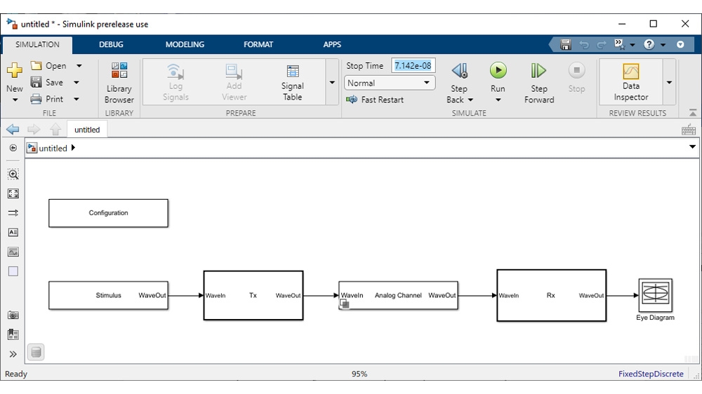金宝app与时域仿真的串行解串器设计的应用程序生成的Simulink模型。系统级配置（左）和信道参数（右）。