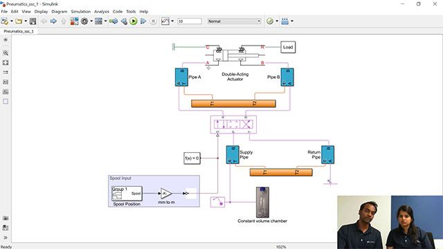 Veer和Maitreyee展示了如何通过使用Simscape中可用的物理块来建模气动系统。