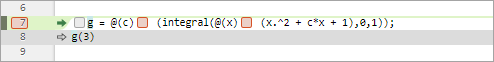 脚本显示一行代码有两个匿名函数。线有一个绿色的箭头和绿色高亮显示,表明MATLAB在这条线停了下来。下面的线是高亮显示为灰色,表明它的线称为匿名函数。gydF4y2Ba