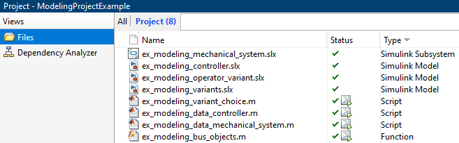 项目文件包含一个子系统,三个模型文件,三个脚本,一个函数