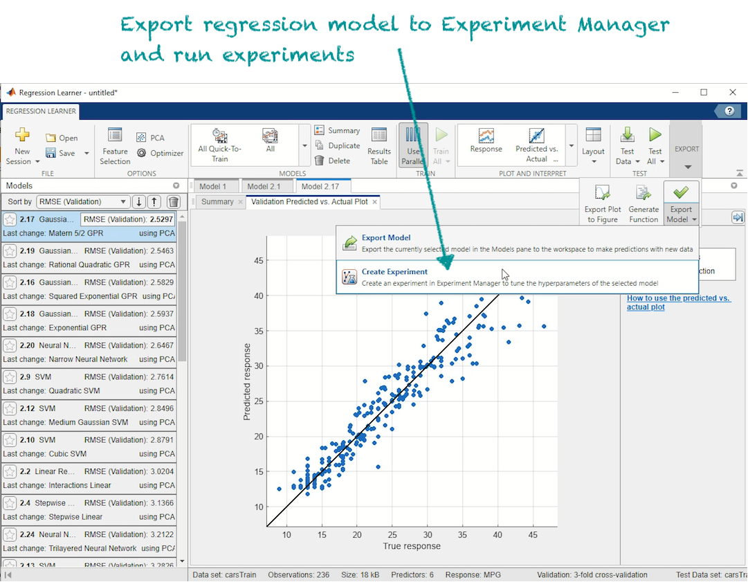 Export regression model from the Regression Learner app to the Experiment Manager app to run experiments on the model